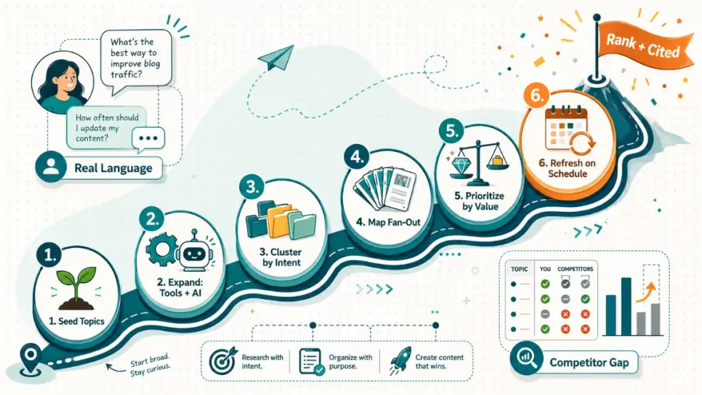 Six-step keyword research roadmap for 2026 from seed topics through fan-out mapping to scheduled refreshes
