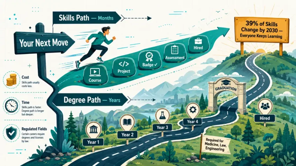 Two career paths comparing months-long skills-based learning with a multi-year degree route converging on lifelong learning