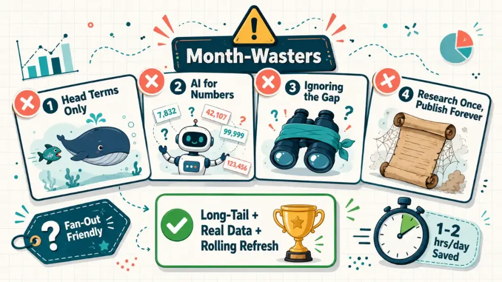 Four common keyword research mistakes shown as warning cards with the corrective habit of long-tail focus and rolling refreshes