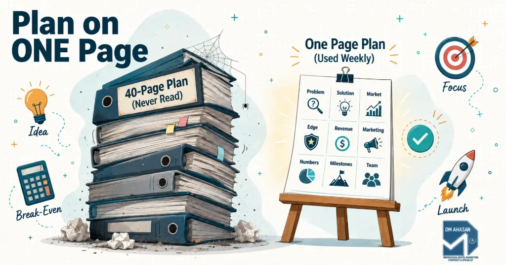 one page business plan, Illustration comparing a one page business plan with nine labeled sections against a long unused traditional business plan,