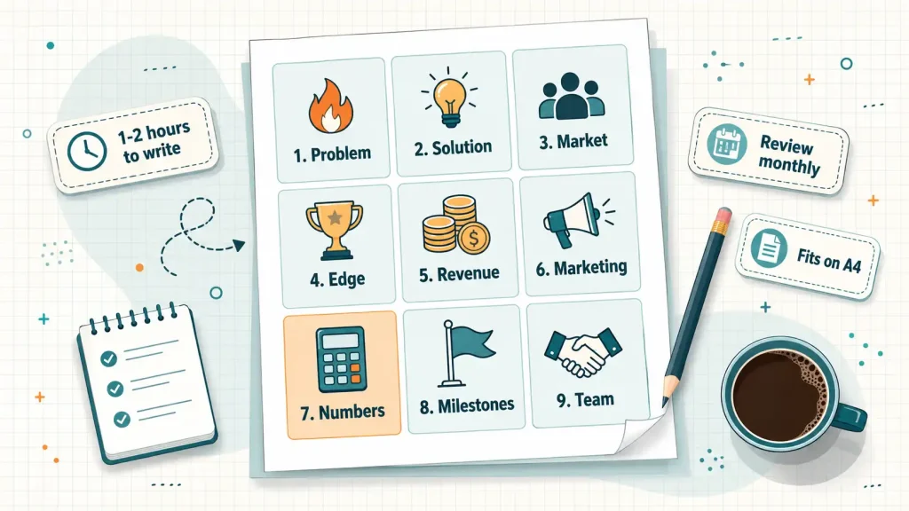 One page business plan template structure showing nine labeled sections from problem to team in a 3x3 grid layout