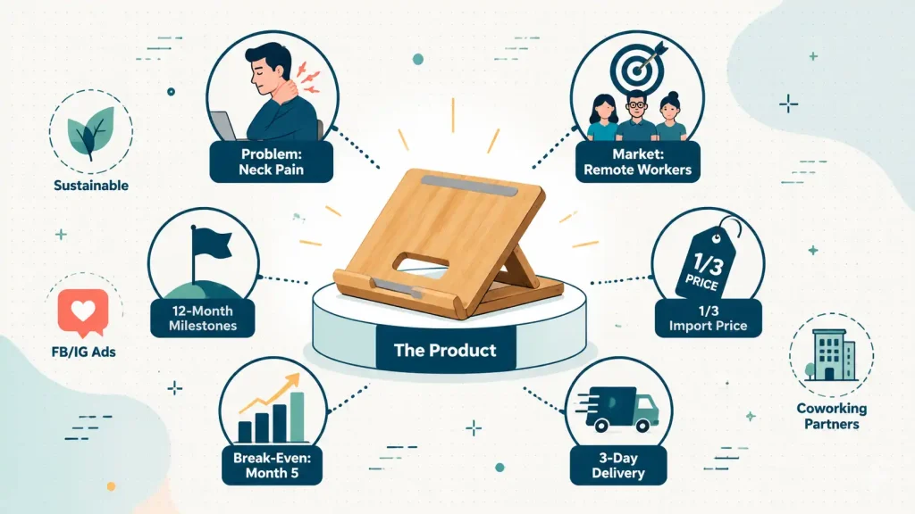 Example one page business plan visualized for a laptop stand startup showing problem, market, pricing, delivery and milestones,