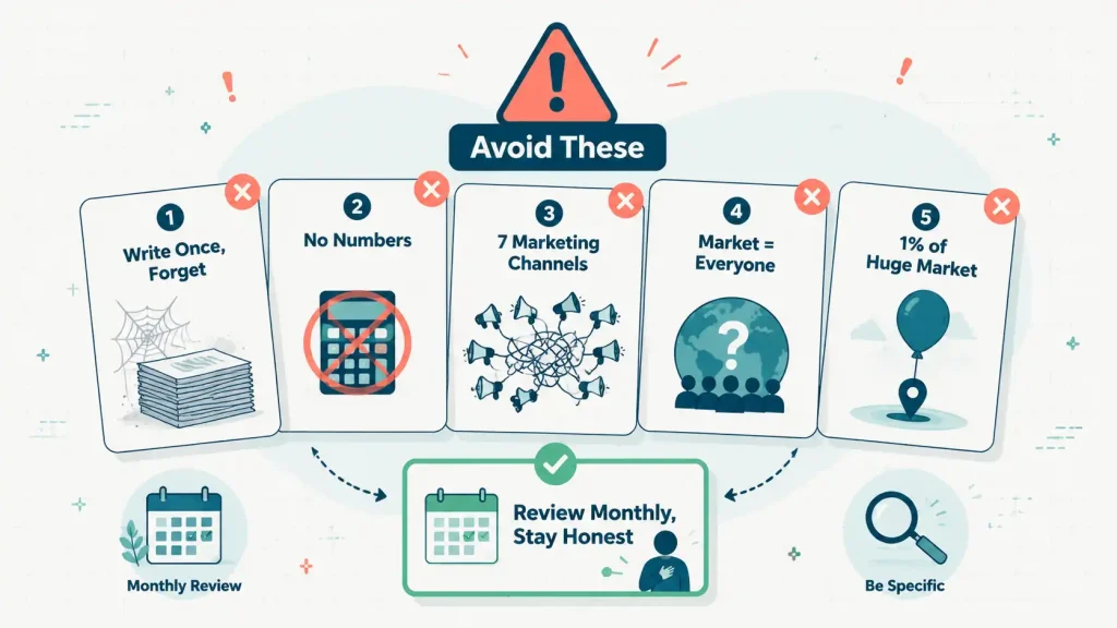 Five common one page business plan mistakes shown as warning cards with a corrective tip to review the plan monthly
