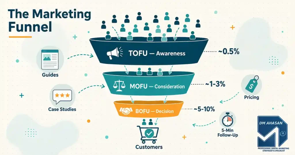 Marketing funnel explained diagram showing TOFU MOFU BOFU stages with conversion rates and matching content types, marketing funnel explained,