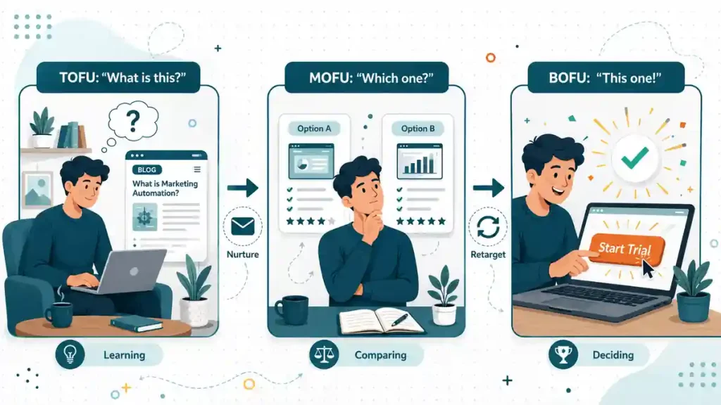 Buyer journey through marketing funnel stages showing awareness, comparison and decision moments with matching content,