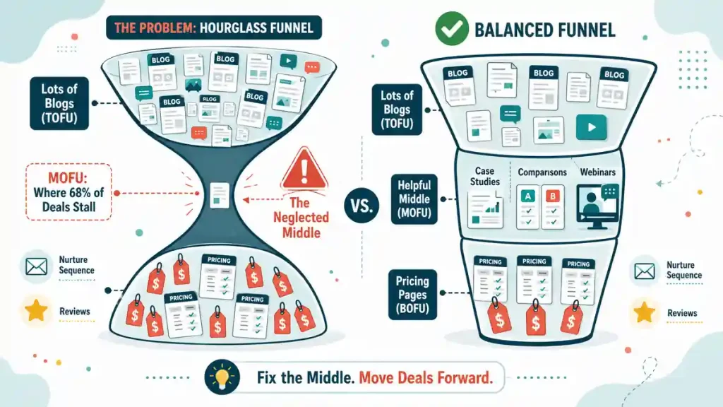 Illustration of the neglected middle of funnel problem where most B2B deals stall compared to a balanced marketing funnel,