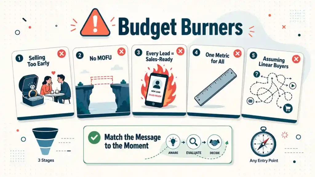 Five common marketing funnel mistakes shown as warning cards with the correction to match content to each buyer stage,