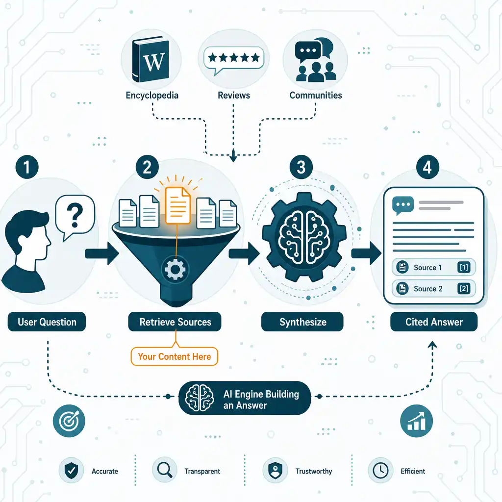 Diagram of how generative AI engines retrieve sources and cite content when generating answers to user questions