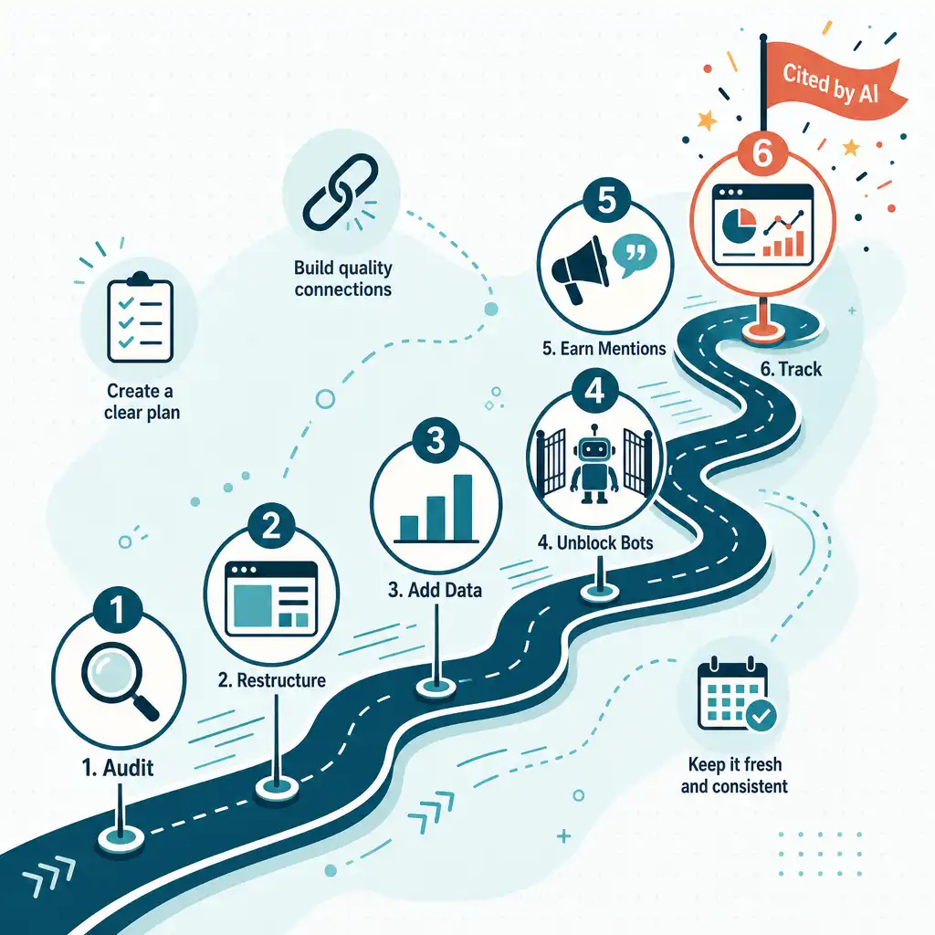 Six-step generative engine optimization starter plan roadmap from content audit to earning AI citations