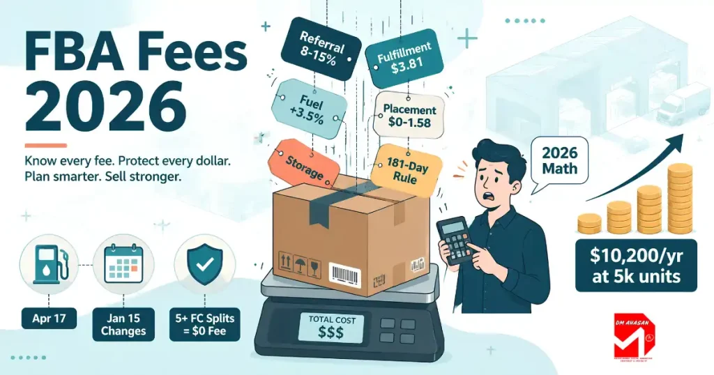Amazon FBA Fees 2026: The Complete Breakdown of Every Costly Change, Amazon FBA fees 2026 illustration showing fee tags stacking on a shipping box including the new 3.5 percent fuel surcharge