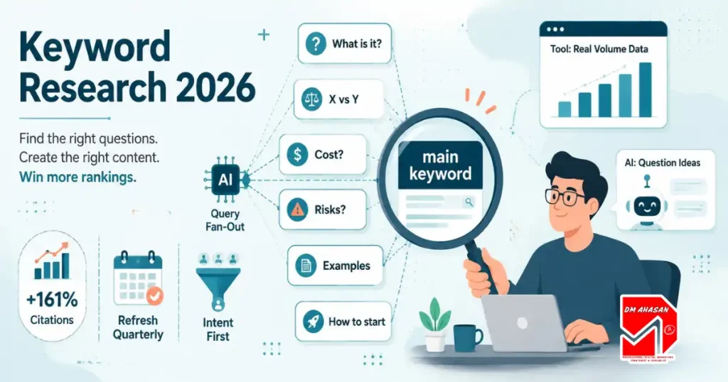 how to do keyword research, How to do keyword research in 2026 illustrated with a main keyword fanning out into AI sub-questions and a tool-plus-AI workflow