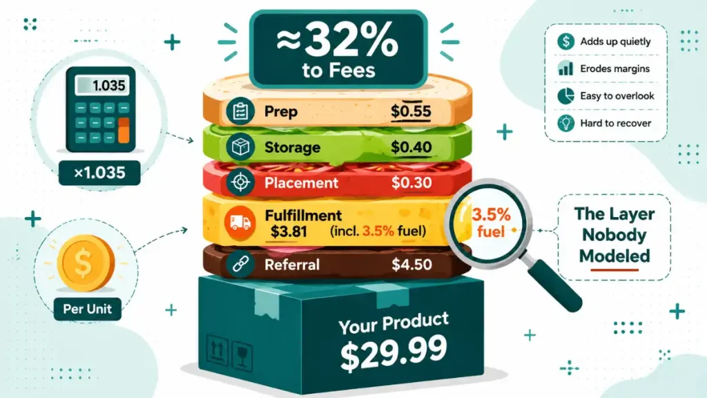 Layered breakdown of the full Amazon FBA fee stack per unit in 2026 totaling about 32 percent of sale price