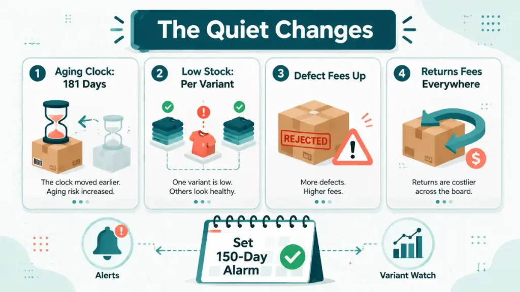 Four quiet Amazon FBA fee changes in 2026 including the 181 day aged inventory rule and per variant low inventory fee