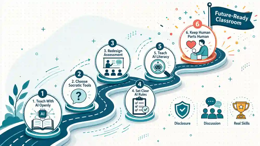 Six-step playbook roadmap for effective AI in classroom teaching from open AI use to keeping human mentorship central,