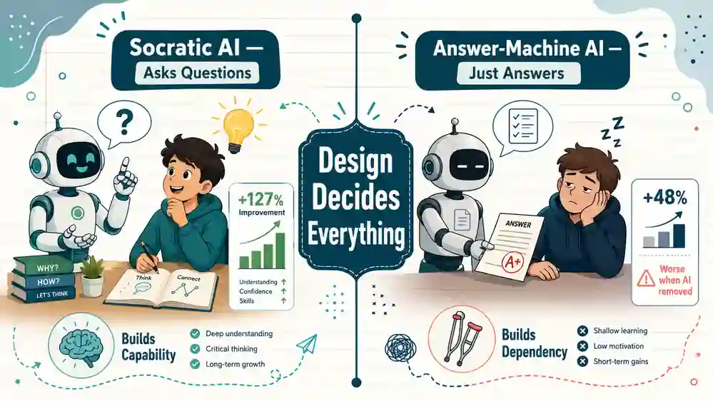 Comparison of Socratic AI tutors versus answer-giving chatbots showing 127 percent versus 48 percent learning improvement,
