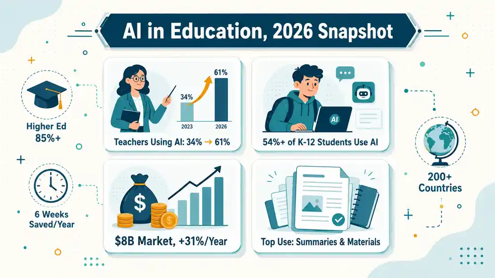 Dashboard of AI in classroom teaching statistics for 2026 including teacher adoption doubling and student usage rates,