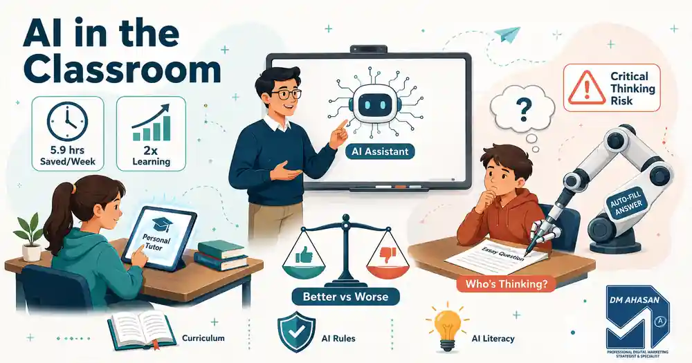 Illustration of AI in classroom teaching showing benefits like personalized tutoring balanced against critical thinking risks, AI in classroom teaching,
