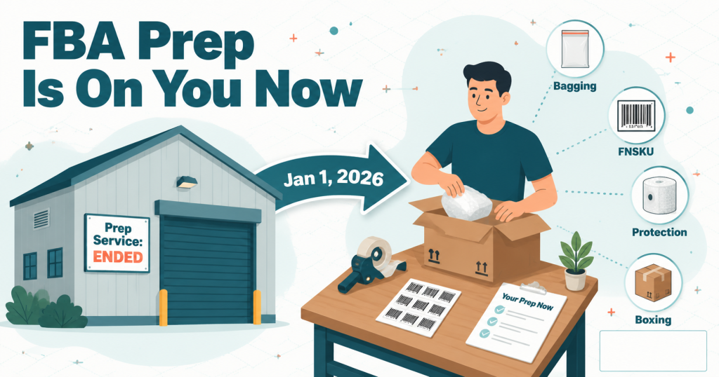 Amazon FBA Prep Services Ending: What to Do Now (2026), Illustration of Amazon FBA prep services ending in 2026 with sellers taking over polybagging, labeling and boxing responsibilities,