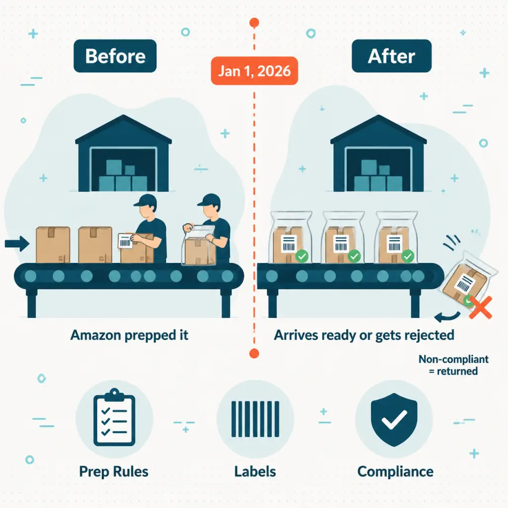 Before and after diagram of Amazon FBA prep policy change showing inventory must arrive fully prepped after January 1 2026