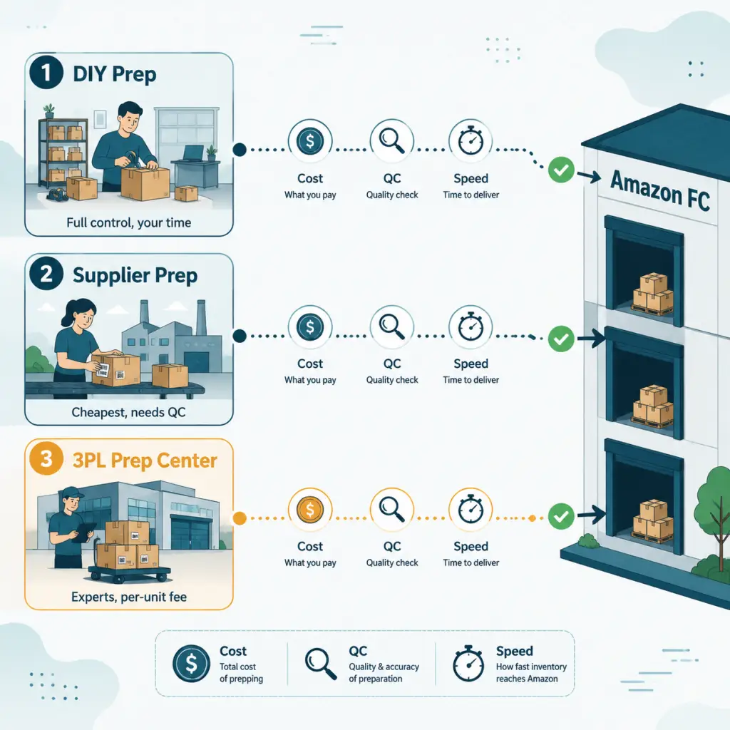 Comparison illustration of three FBA prep options after Amazon prep services ended — DIY in-house prep, supplier prep, and 3PL prep center,