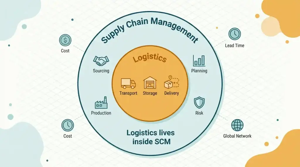 Nested circle diagram showing the difference between supply chain management and logistics, with logistics as one part of SCM,