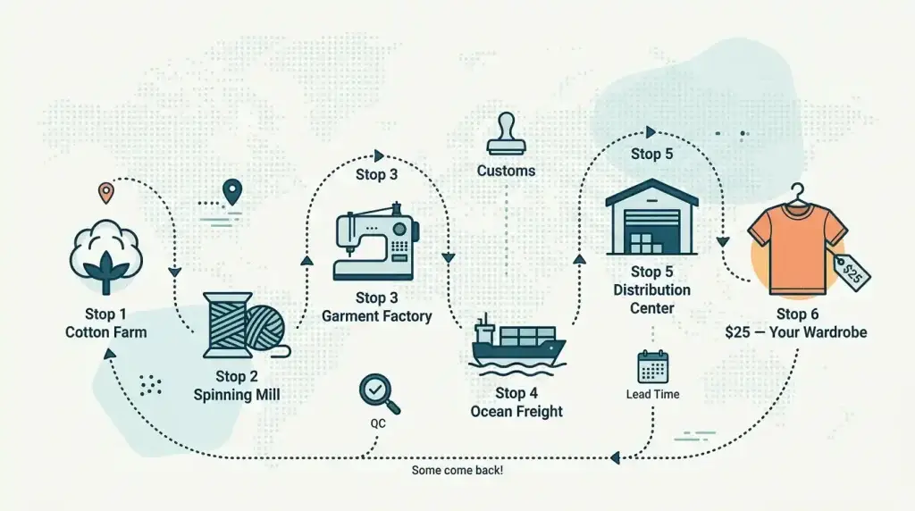 Journey map illustration of a t-shirt supply chain from cotton farm to customer, showing a real supply chain management example,