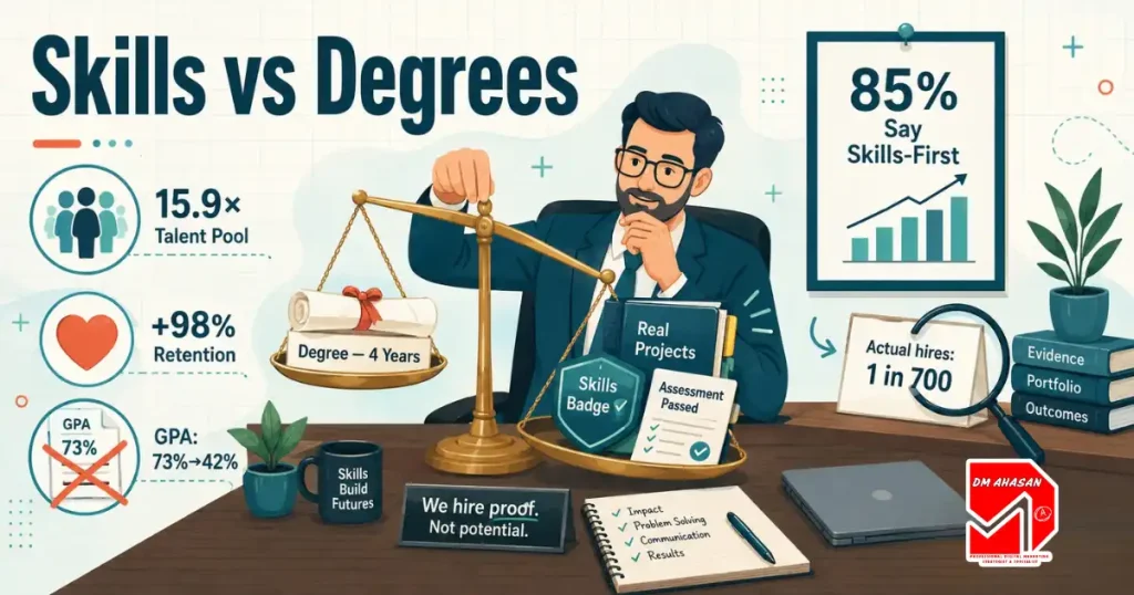 Skills-based learning versus degrees shown as a hiring scale where verified skills and portfolios outweigh a diploma, skills-based learning,