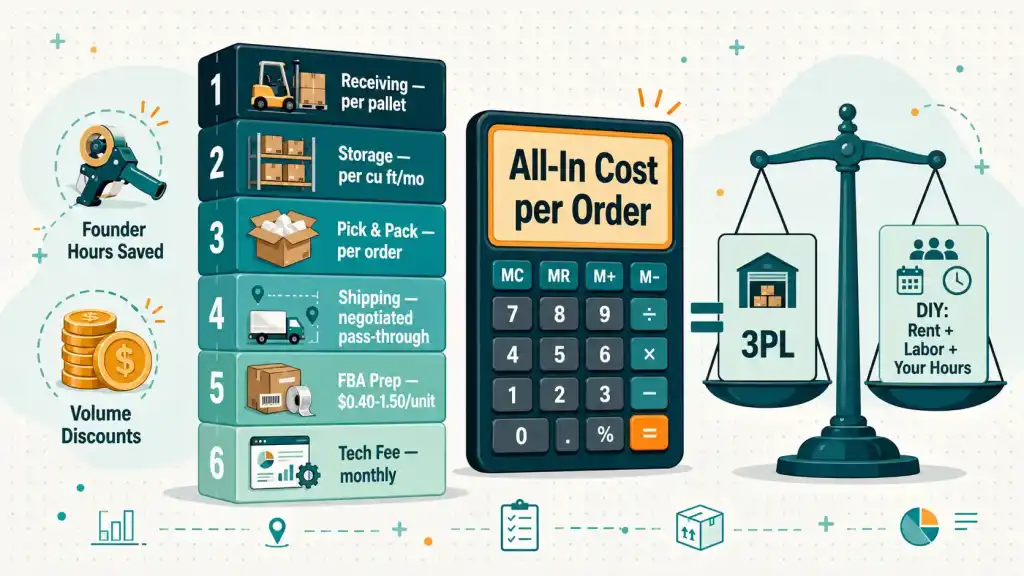 Modular 3PL pricing blocks from receiving to tech fees compared against true DIY fulfillment cost per order