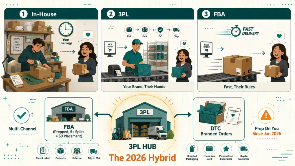 Comparison of in-house fulfillment 3PL and Amazon FBA with the hybrid model of a 3PL feeding FBA and DTC channels