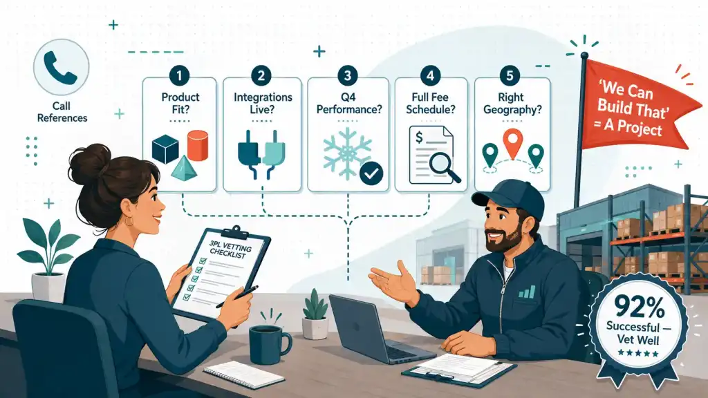 Five-point 3PL vetting checklist covering product fit integrations peak performance fees and warehouse geography
