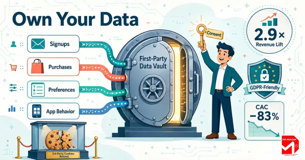 first-party data, First-party data illustrated as a vault collecting consented customer information while third-party cookies retire to a museum case