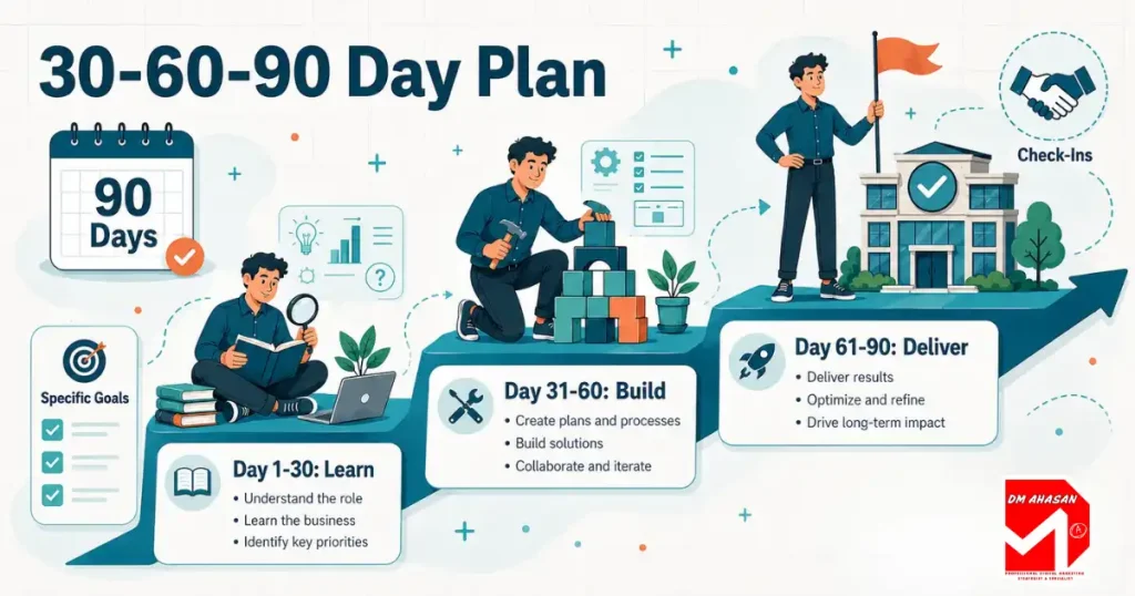 30-60-90 day plan illustrated as three climbing stages of learning building and delivering results, 30-60-90 day plan