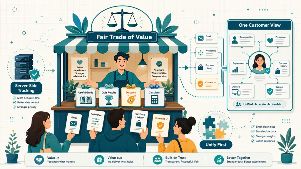 Value exchange scene showing customers sharing first-party data like email and preferences in return for genuinely useful offers