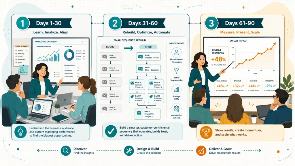Real example of a 30-60-90 day plan for a marketing manager showing learning building and delivering stages