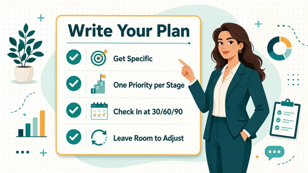 Four point checklist for writing an effective 30-60-90 day plan with specific goals and built in check-ins