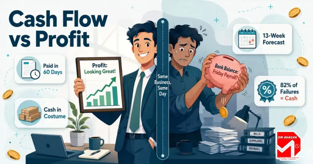 Cash flow vs profit illustration of a business showing strong paper profit while its bank account struggles to cover payroll, cash flow vs profit,