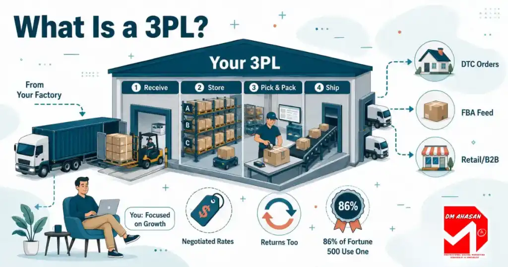 what is a 3pl, What is a 3PL illustrated as a fulfillment center receiving storing packing and shipping orders for a growing brand